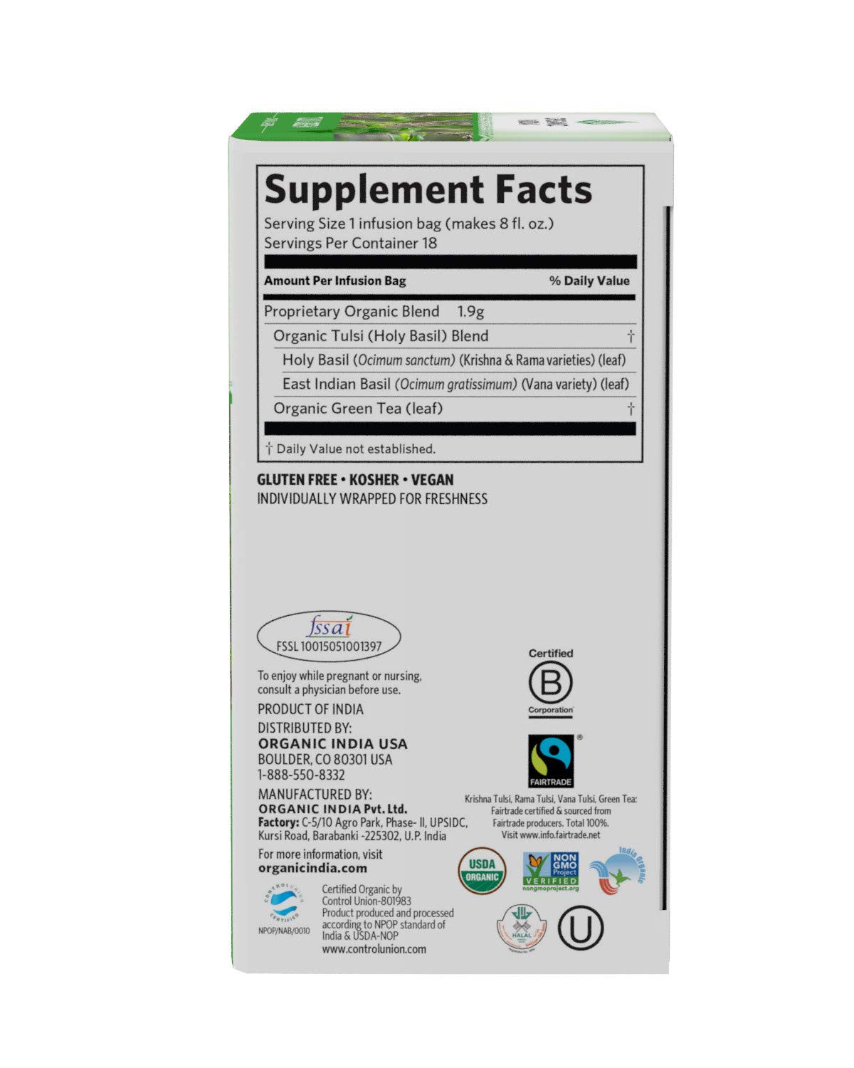 Organic India Tulsi Green Herbal Tea - Stress Relieving & Empowering, Immune Support, Vegan, USDA Certified Organic, Premium Darjeeling Green Tea, Caffeinated - 18 Infusion Bags, 6 Pack: Health & Personal Care