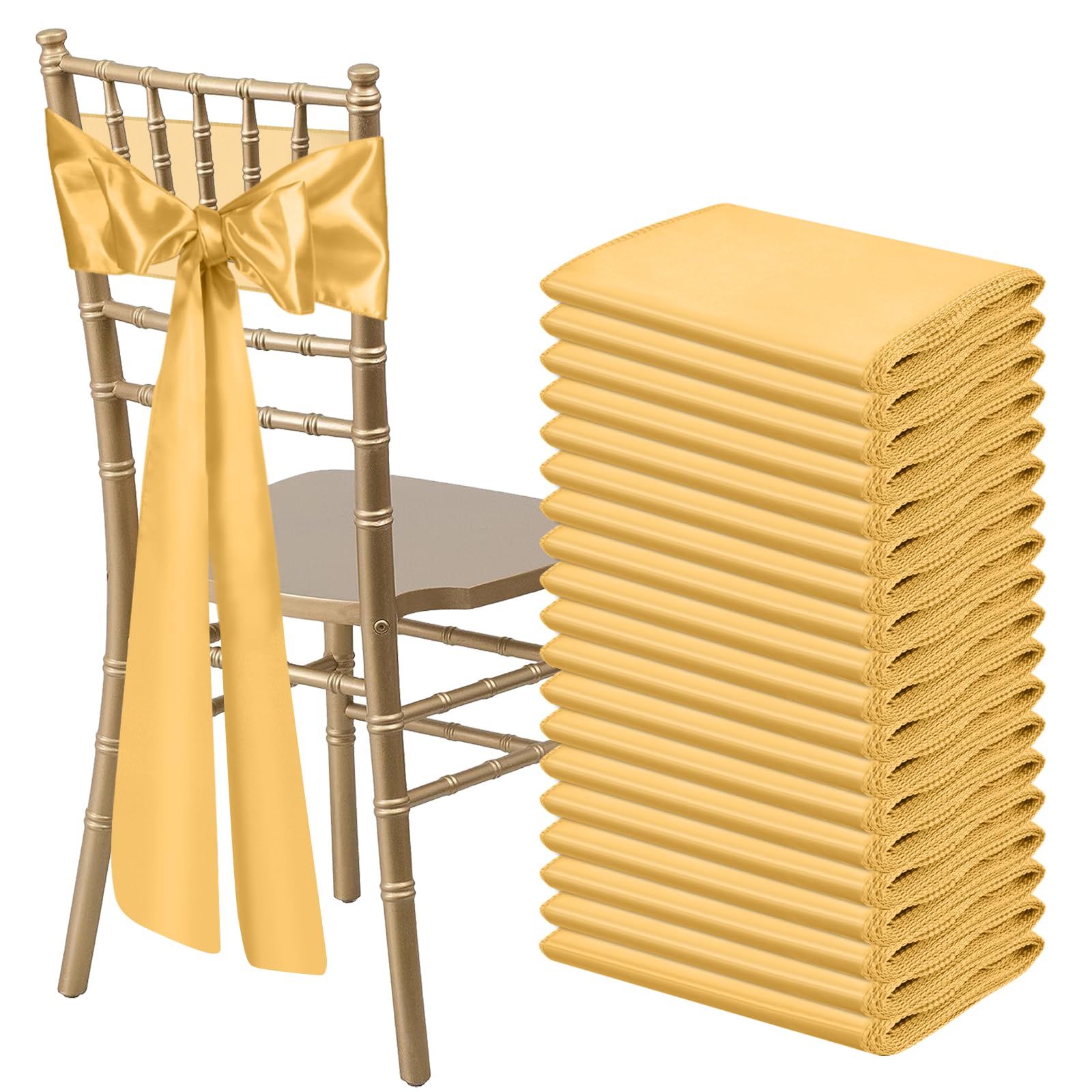 Photo 1 of Bouiexye 50 PCS Gold Satin Chair Sashes Bows Universal Chair Ribbon Ties Back Sash for Wedding Party Reception Events Banquets Hotel Event Chair Cover Decoration (7x108 inch)