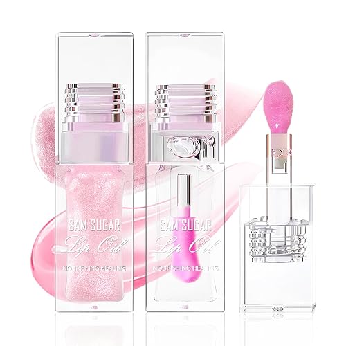 Prreal 2PCS Color Changing Lip Oil, Shimmer Lip Glow Oil with Big Brush, Hydrating Temperature Color Change Lip Gloss Lip Balm, Long-Lasting Lip Oil Tinted for Lip Care(01+02)