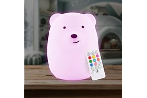 Lumipets Benny The Bear Squishy Silicone Night Light for Kids | Cute Night Light with Remote & Touch Control for Girls & Boys | 9 Color Changing Soft Portable Animal Lamp Comes with USB Cord
