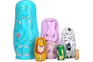 Bgraamiens 6pcs Beautiful Handmade Wooden Animal Nesting Dolls Nesting Dolls Present Russian Nesting Wishing Dolls Matryoshka Traditional (Light Blue Elephant)