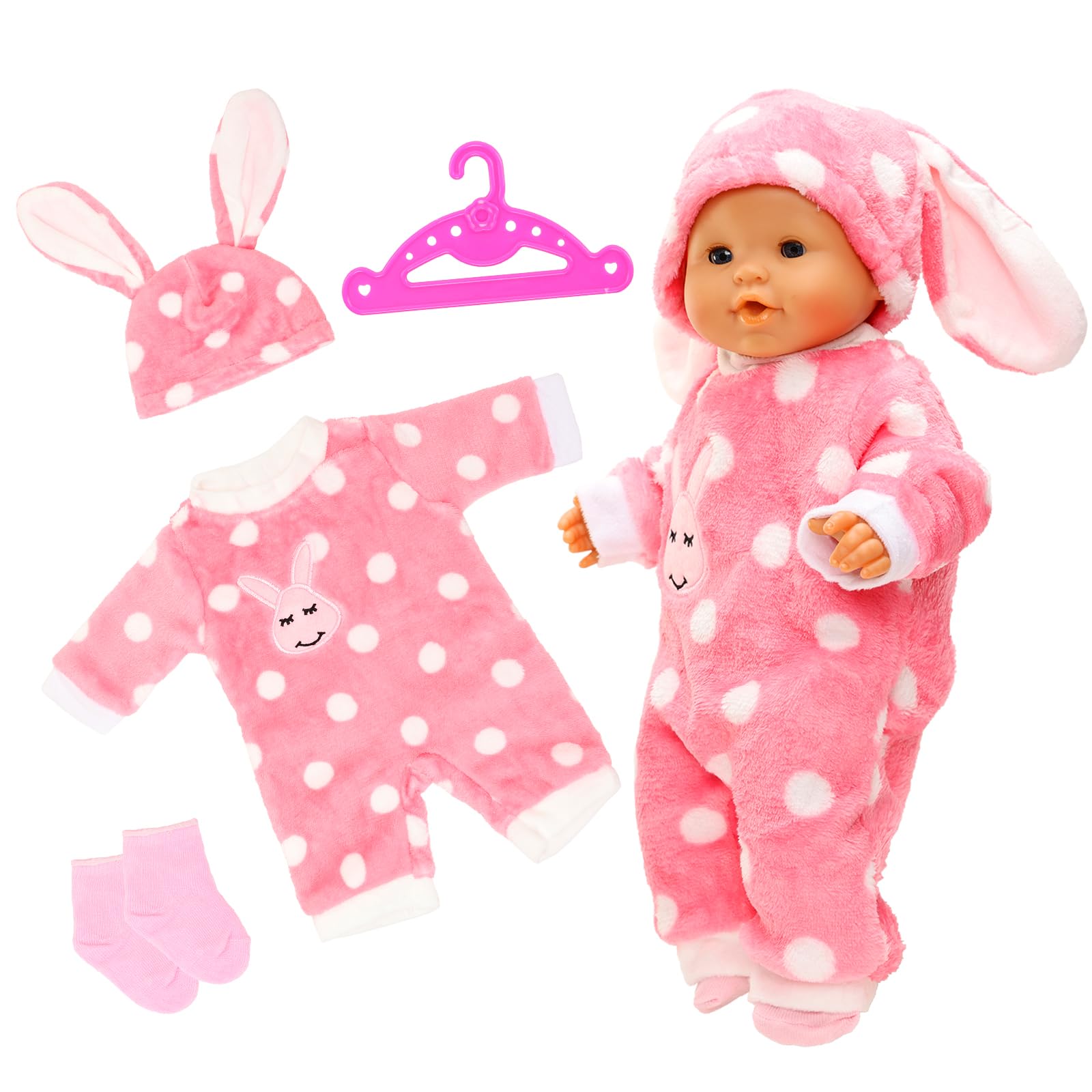 Miunana Sweet Doll Clothes Jumpsuits Hats Hanger Socks Accessories for 14-17 Inch 43cm Baby Doll 35-45 cm Newborn Baby Doll Clothes Outfits Cute rabbit Pattern for Toddler — image 1