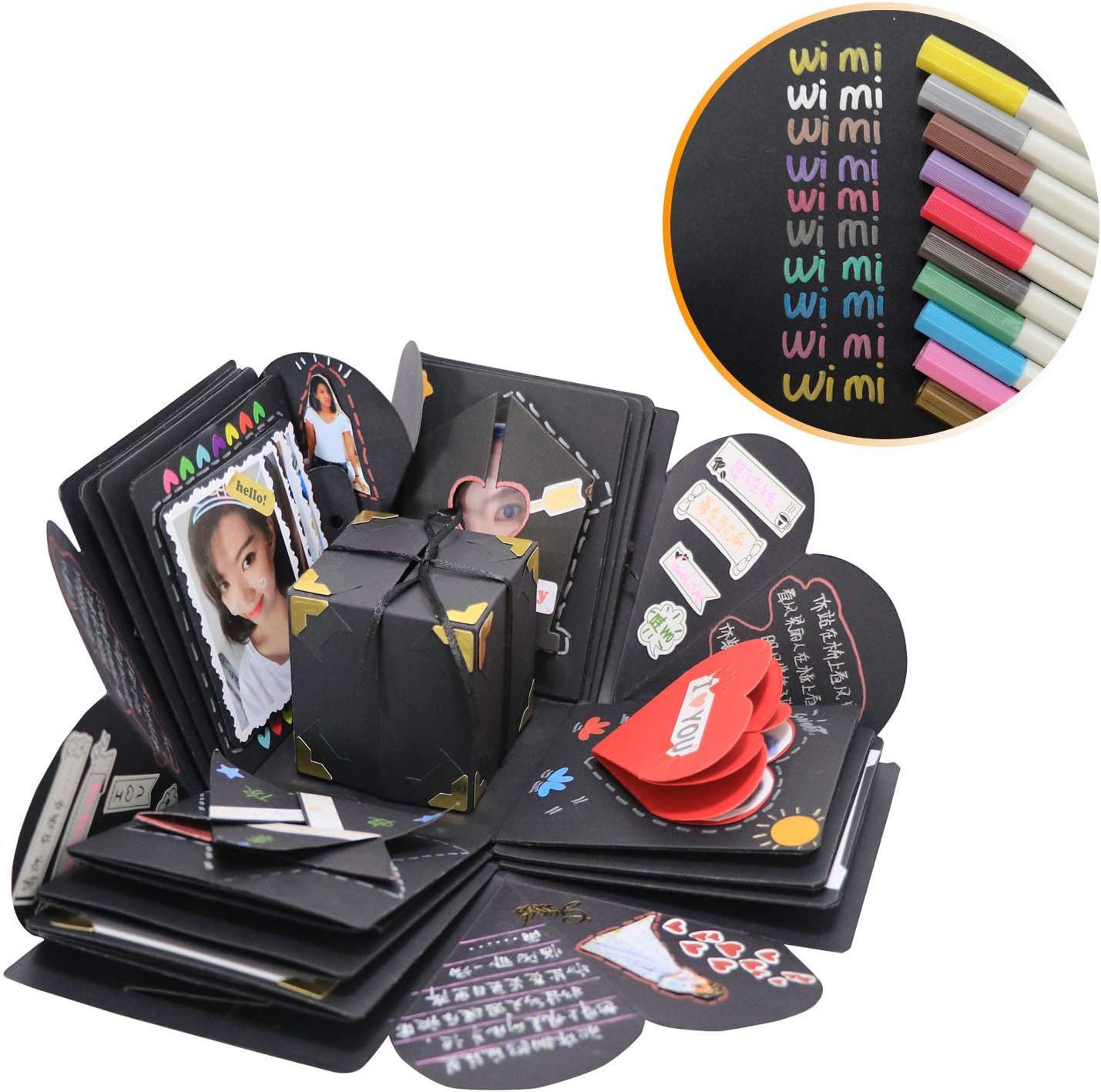 Explosion Box Scrapbook DIY Photo Album with 30min Video Tutorial 12 Funny Cards and 15 Kinds of DIY Accessories Kit Birthday Anniversary Valentine Wedding Gift-10 Metallic Marker Pens (Black 03)