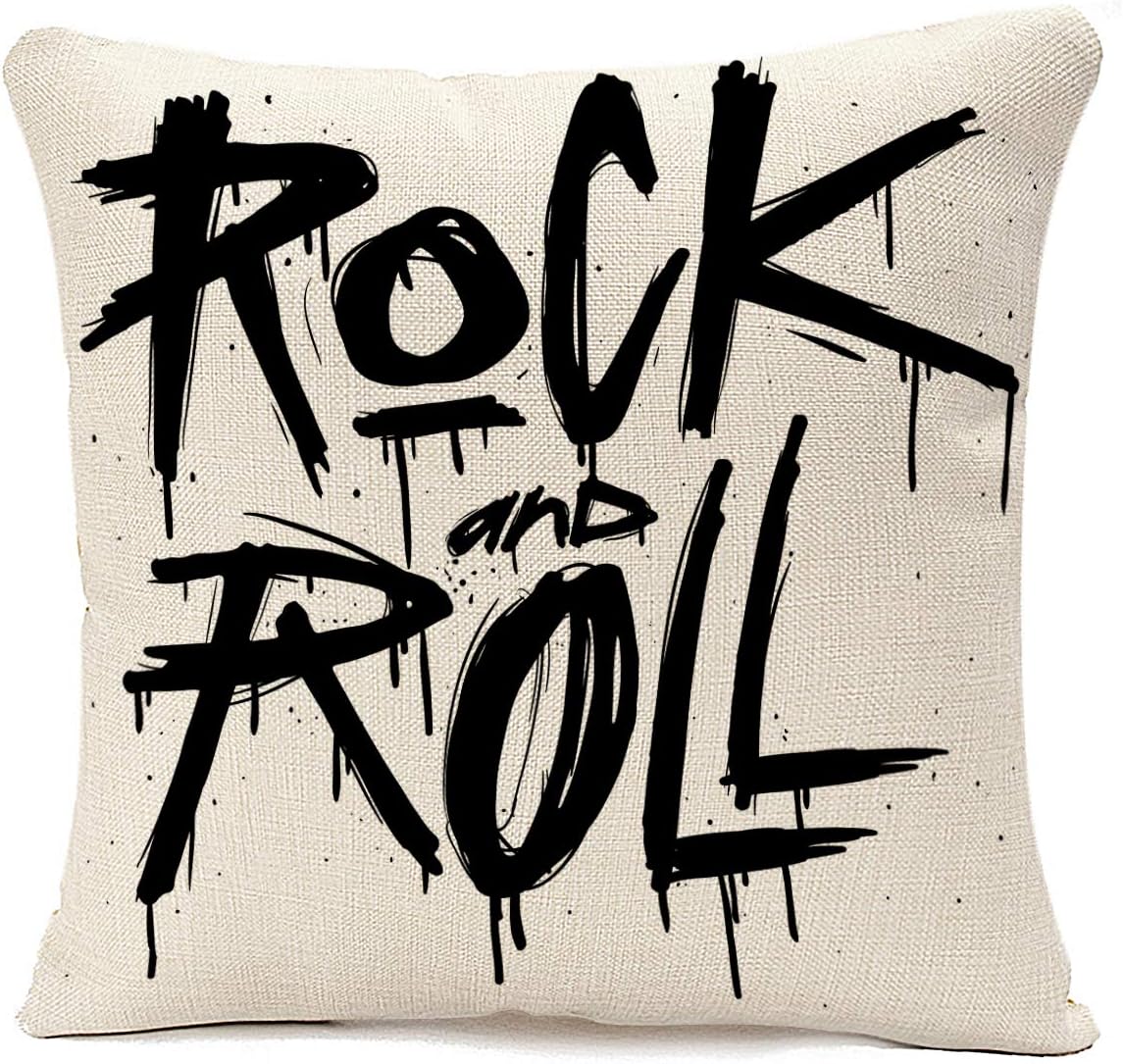 oFloral Throw Pillow Cover Old Hand Draw Sketch Rock and Roll Tattoo Text Decorative Pillow Case for Home Couch Sofa Car Decor Square 18x18 Inches Pillowcase Cotton Linen
