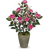 Hollyone Artificial Flower Plants Camellia Pink Roses Faux Potted Plant with Cement Pot Fake Silk Flower Rose Camellias Flower Arrangement Office Home Decor Bathroom Shelf Desk Decoration 15 Inch