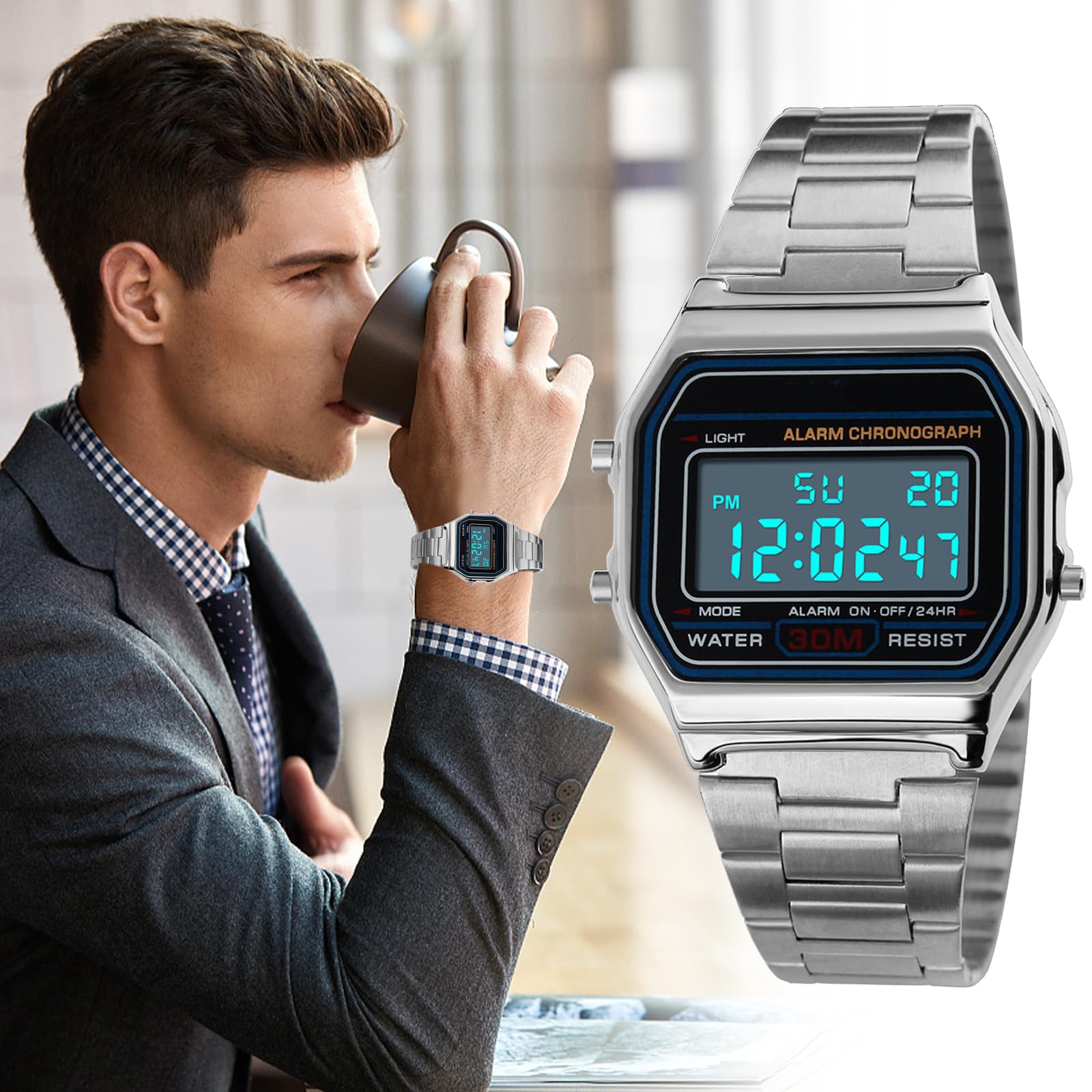 Yuehuamech Men's Digital Quartz Watch, Luxury Business Watch 30 m Electronic Chronograph Waterproof Digital Watch Sports Watch with Stainless Steel Strap LED Backlight