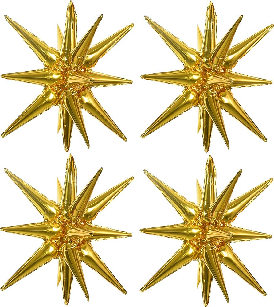 TONIFUL 4 Pcs 22inch 4D Huge Gold Star Balloons Explosion Star Mylar Foil Balloons for Party Supplies Backdrop Christmas,New Year,Birthday, Wedding,Photo Booth Ornament