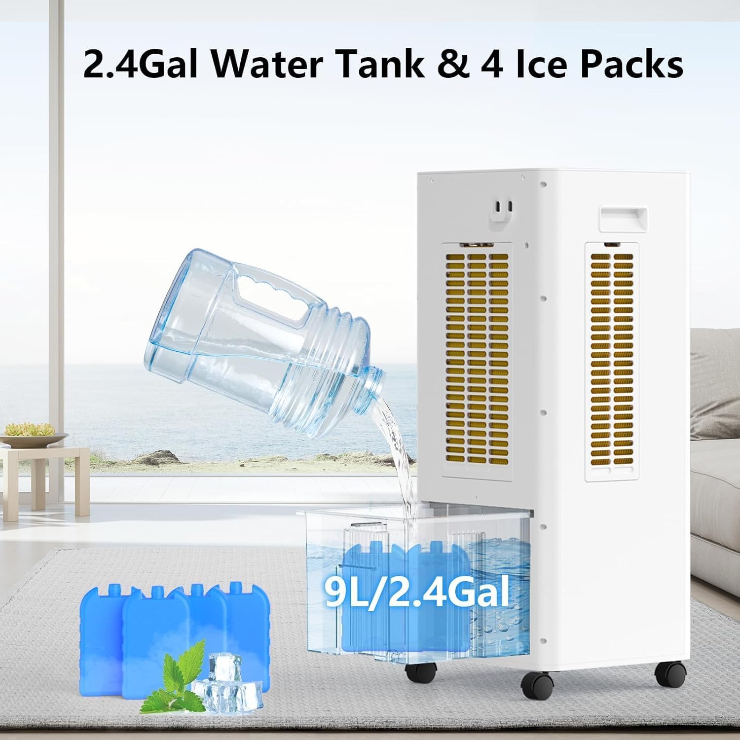 JRD Portable Air Conditioner, Portable Evaporative Air Cooler with Remote, 12H Timer, 4 Ice Pack, 2.4Gal Tank, 4 Mode&3 Speed, Mist Function, Swamp Cooler Cooling Fan for Bedroom Home Office Garage