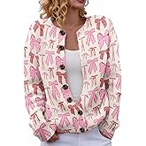 OSCORP Womens Valentines Day Cardigan Sweater, Bow and Heart Print Button Down Crewneck Long Sleeve Knit Casual Outfit