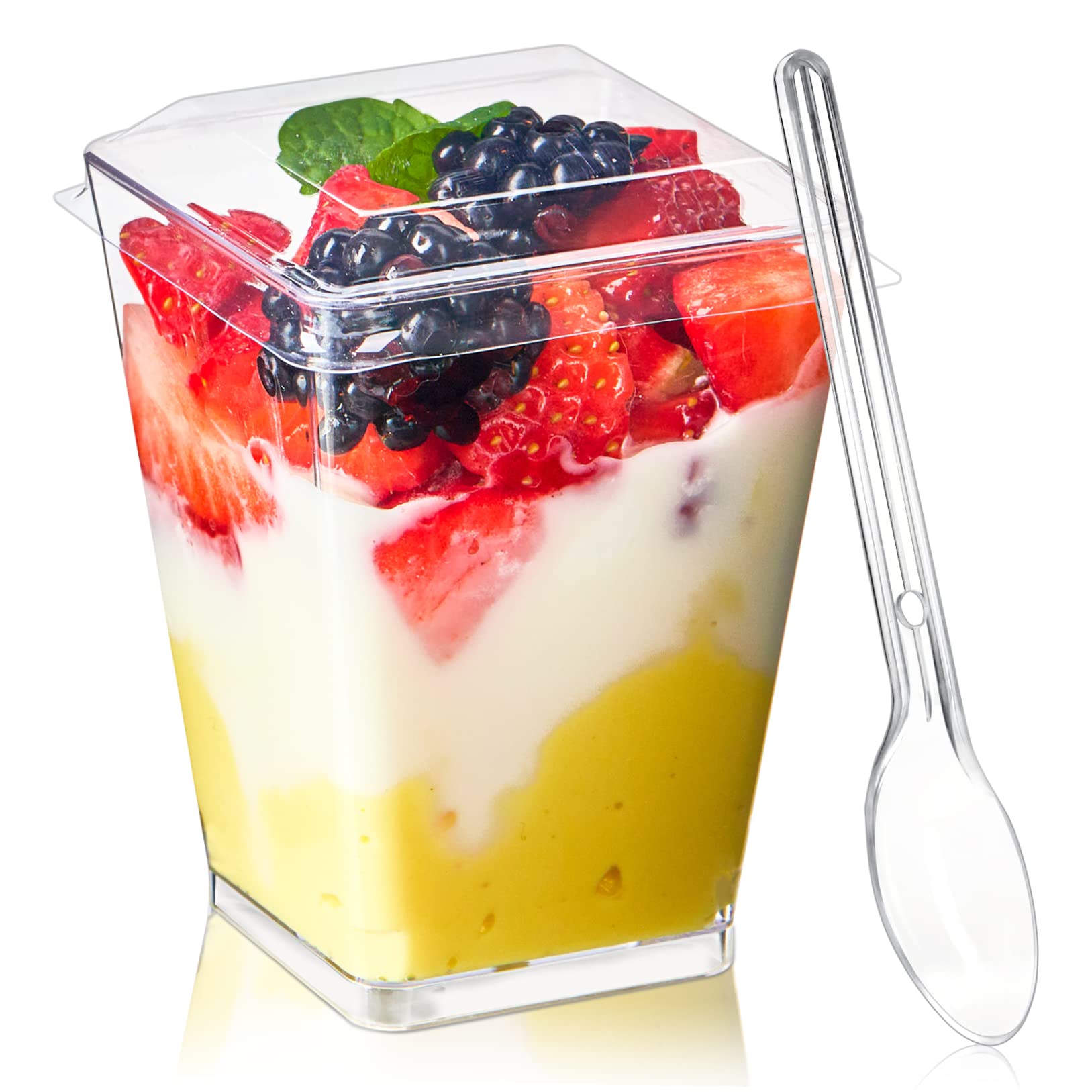 Photo 1 of TOFLEN 50 Pack 5 oz Plastic Dessert Cups with Lids for Party, Mini Dessert Cups with Spoons Dessert Shooter Cups for Yogurt Parfait, Appetizer, Pudding, Fruit and Ice Cream