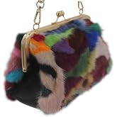 Fosrion Elegant Chic Two-Strap Multicolored Mink Fur Handbag with Chain Featuring Metal Clasp Autumn/Winter Collection (Small, Color Mosaic)