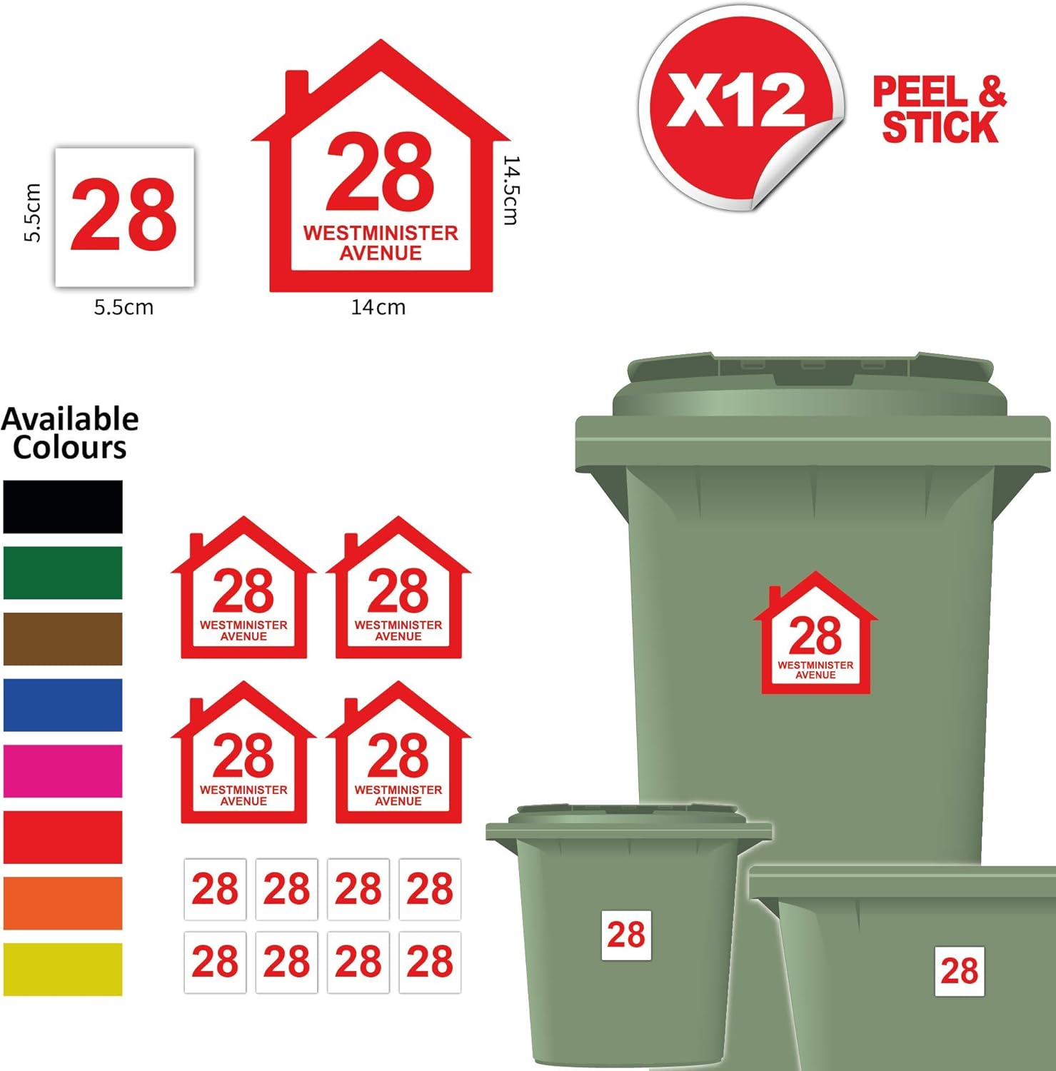 Pack of 12 Personalised Printed Wheelie Bin Number Stickers with House
