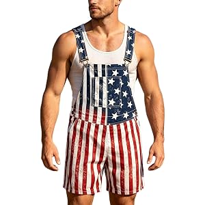 4th of July Men American Flag Overalls Distressed Jean Jumpsuits Summer Outdoor Vintage Denim Bib Shorts with Pockets