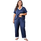 Vozanet Pajama Sets for Women Short Sleeve Long Pants Sleepwear V Neck Chest Pocket PJS Plus Size Drawstring Loungewear