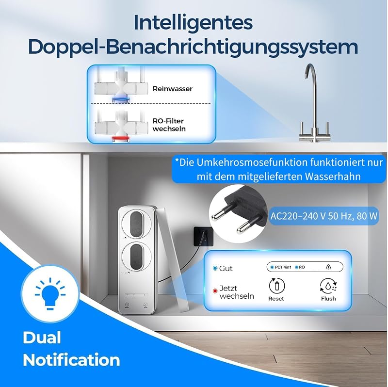 Système de filtration d'eau à osmose inverse 600GPD pour eau potable, système d'osmose inverse à 8 niveaux, ratio pur/écoulement 2,5:1, option RO et eau filtrée, blanc