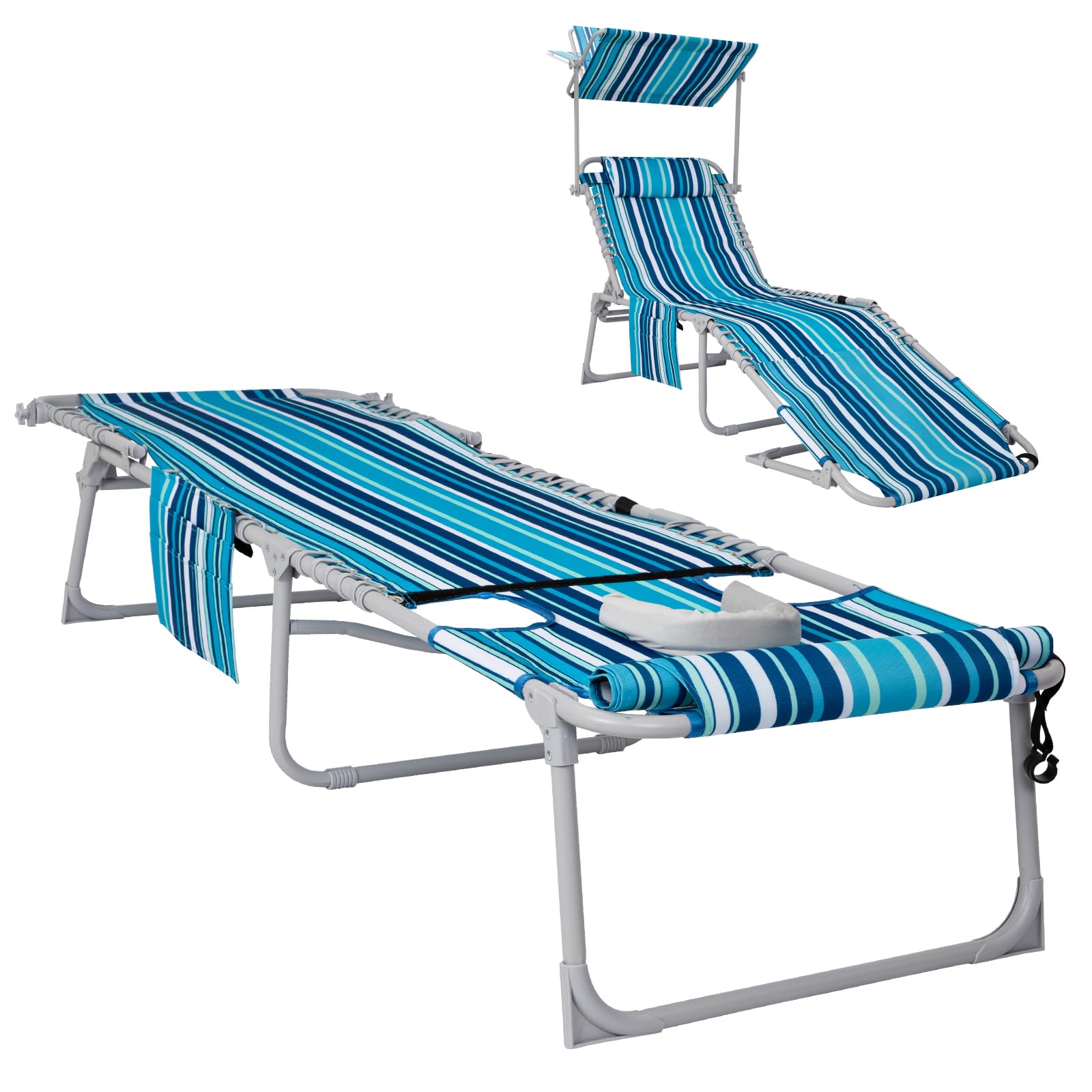 Photo 1 of #WEJOY 3 in 1 Tanning Chair with Face Hole & Canopy, 300 lbs Heavy Duty 5 Positions Folding Face Down Lounge Chairs Outdoor with Pillow & Storage Bag Portable for Pool Beach Lawn Camping (Bluestrips)