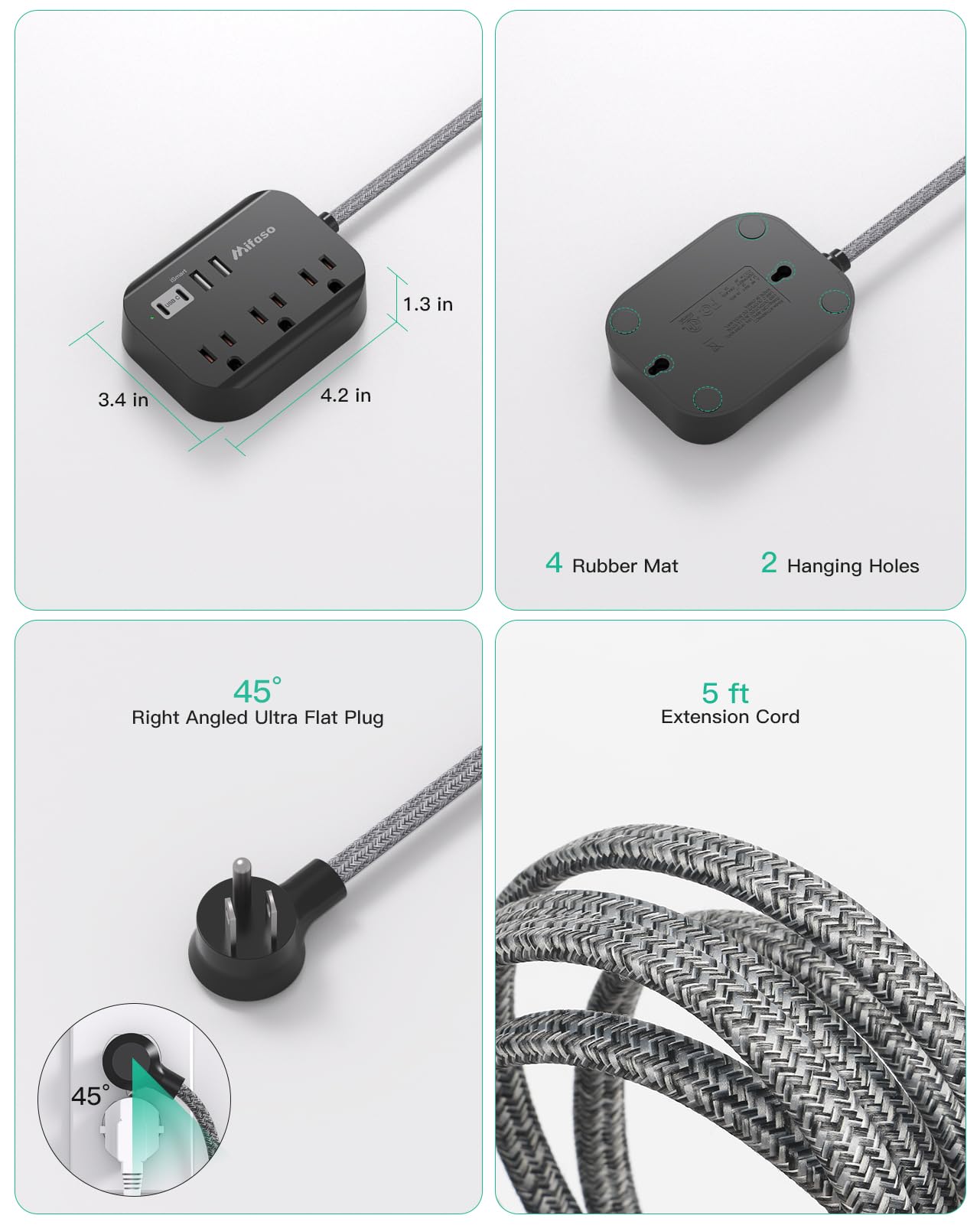 Travel Essentials - Mifaso Power Strip with USB, Compact Flat Plug Extension Cord 5ft with 3 Outlets 4 USB Ports, Non Surge Cruise Must Haves, Cruise Ship Essentials, Dorm Room, Apartment Essentials