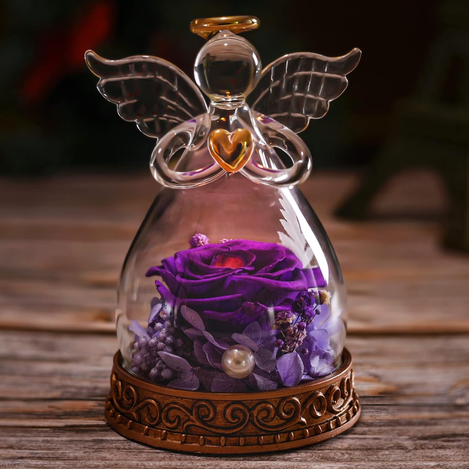 Dried & Preserved Flora - Aastin Angel Gifts for Women, Mom, Grandma, Preserved Real Rose in Glass Angel Figurine with LED Light, 1PSC Rose Gifts on Christmas, Birthday, Mother's Day, Valentine's Day (Purple)