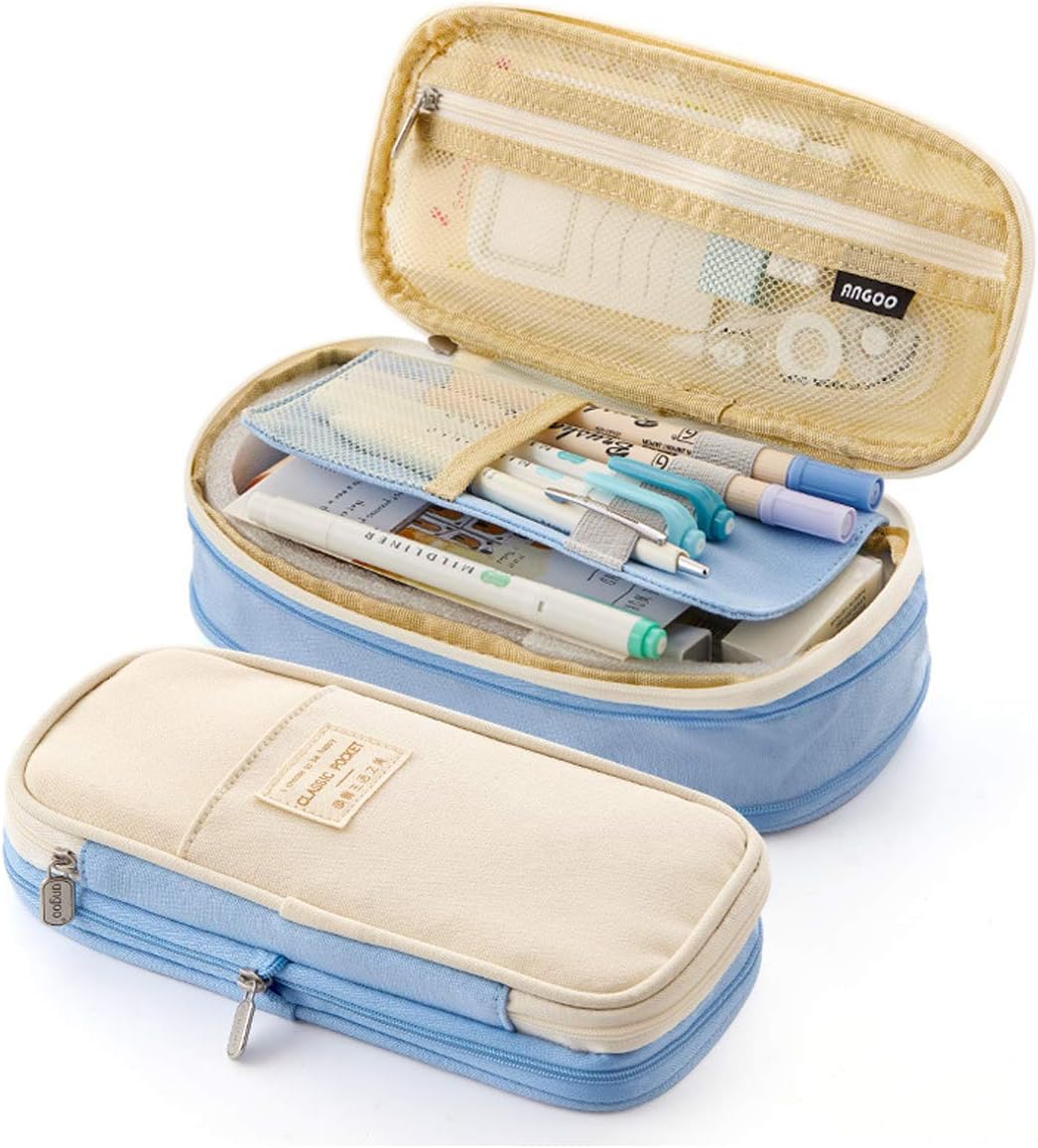 Large Capacity Pencil Case Durable School Student Pen Holder Organizer Stationery Makeup Cosmetic Pouch for Girls 22x11cm (Upgraded Version-Light Blue)