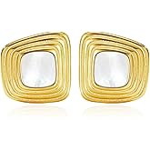 Dckazz White Earrings Chunky Gold Statement Mother of Pearl Earrings 14K Gold Plated Square Stud for Women