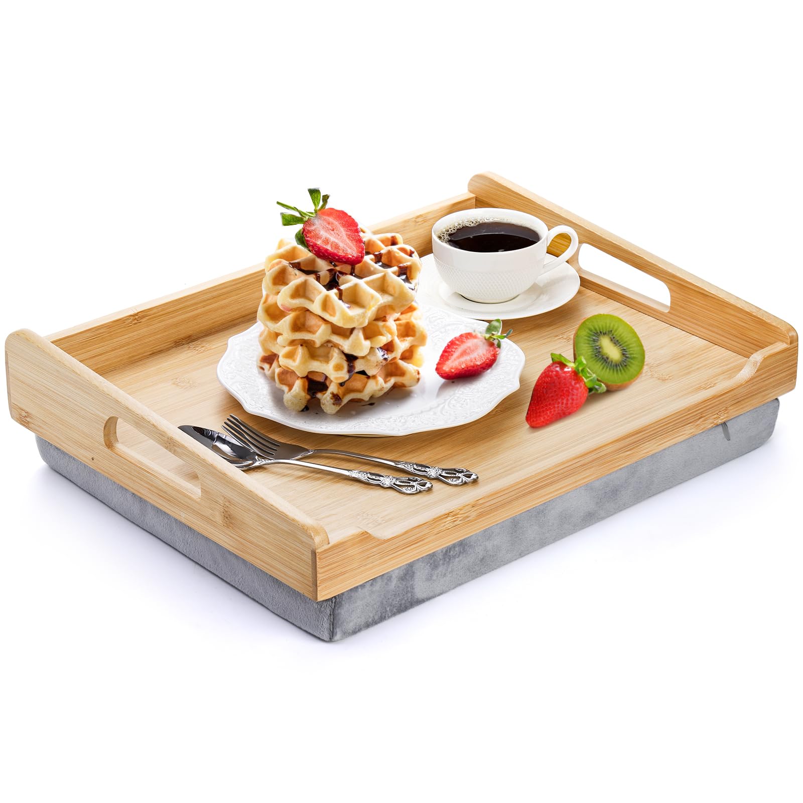 Photo 1 of TOPZEA Bamboo Lap Tray with Detachable Cushion, 16.5"x 12.5" Bed Trays TV Lap Desk, Breakfast Meal Serving Tray with Handle for Adults Eating in Recliner, Couch, Car, Fits for 13-14 Inch Laptops