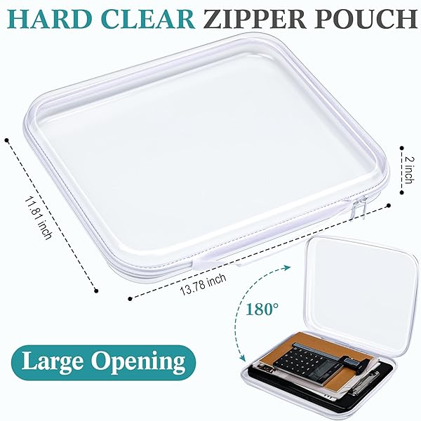 SANWUTA 4 PCS CLEAR HARD ZIPPER CASE WITH HANDLE OFFICE STORAGE CASES HARD PLASTIC POUCHES TRANSPARENT BINS FOR CRAFTS, SNACKS, COSMETICS, PUZZLES(13.8 X 11.8 X 2 INCHES,WHITE)