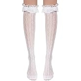 Lace Knee High Socks, Thigh High Stocking with Lace Trim, White Laces Socks Women, Sweetheart Knit Knee Highs With Laces Ruffle Cuff, Mesh Sexy White Thigh Highs Sock with Faux Pearls for Women Girl
