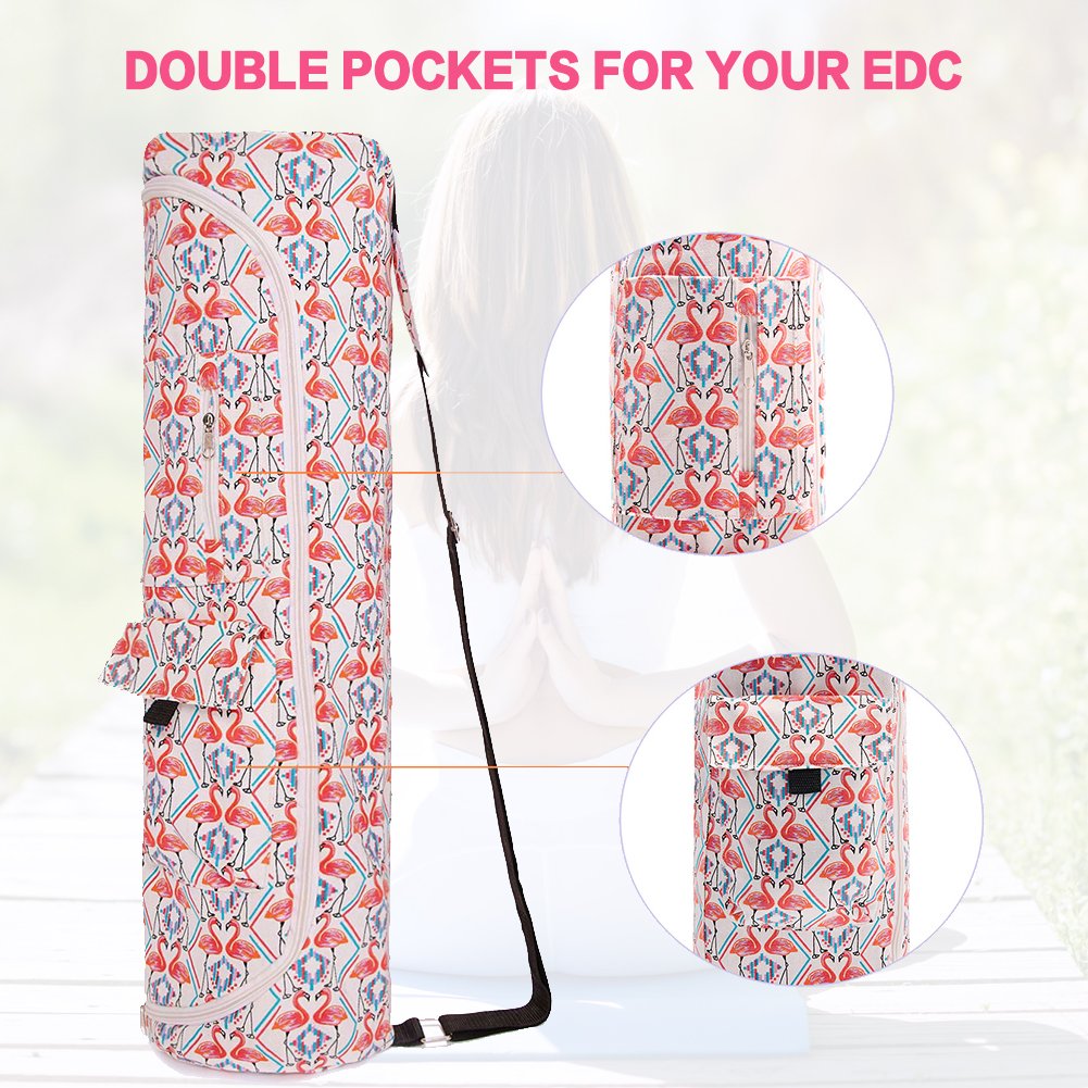 TUONROAD Yoga Sling Bag for Large Mat Hot Patterned Pink Flamingo Turquoise Stripe Geometry Cute Foldable Yoga Tote Bag Cotton Canvas Yoga Mat Sling with Easy Access Full Zipper and Pocket