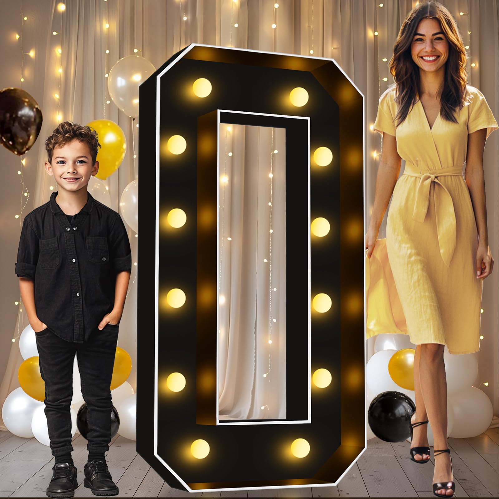 Photo 1 of Pooqla 4 FT Marquee Light Up Letters, Black Marquee Letter Lights 4 Feet Tall for Birthday Decoration, Big Mosaic Letters Sign for Balloons Party Anniversary Wedding Decorations, Giant Warm White O