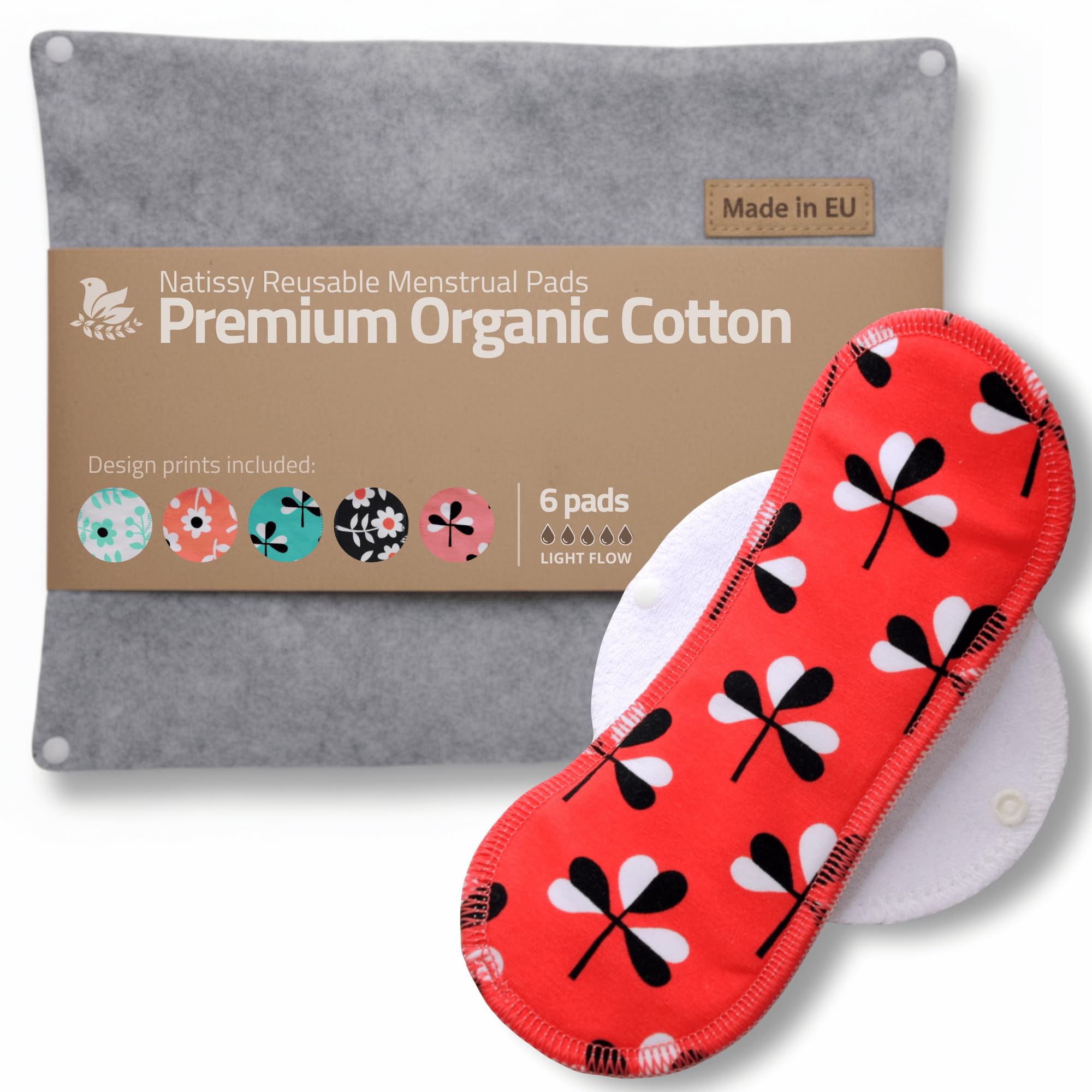 Made in EU – Reusable Sanitary Pads for Light Flow (6 Pack, S+M) – High-Temp Washable, Durable Cloth Period Pads for Women & Teens – Breathable Organic Cotton & Secure-Fit for Menstrual Comfort