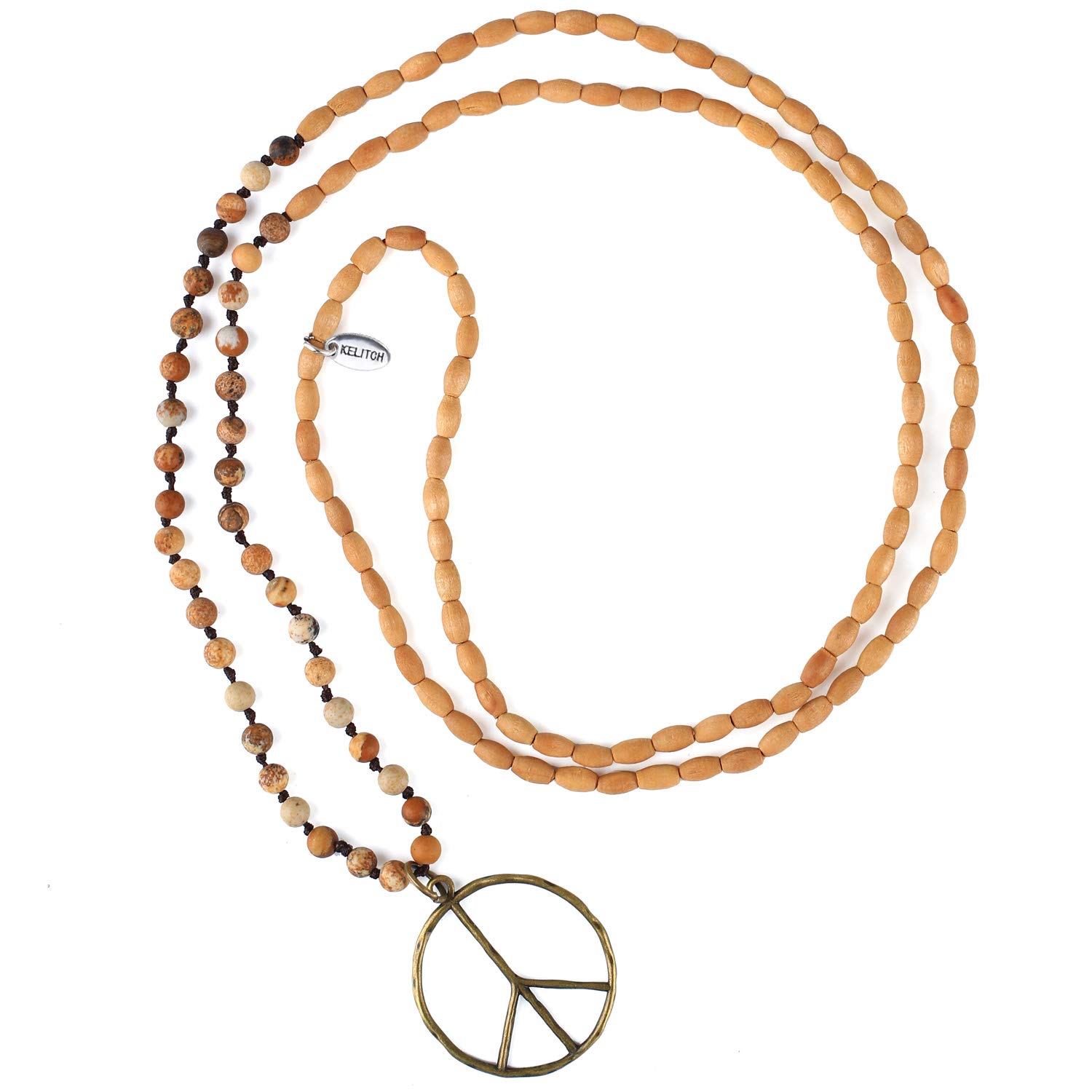 KELITCH Classic Peace Pendant Necklace Love Hippie Frosted Crystal Beaded Necklaces(Wood)