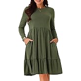Seta T Women's Casual Long Sleeve Tiered Round Neck Beach Vacation Loose A- Line Swing Dress with Pockets