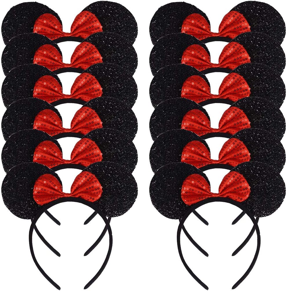 12 Pcs Black Glitter Red Sequin Bow Mouse Ears Headbands for Birthday Halloween Parties Mum Boys Girls Hair Accessories Lovely Headwear Decorations (Black Glitter Red Sequin)