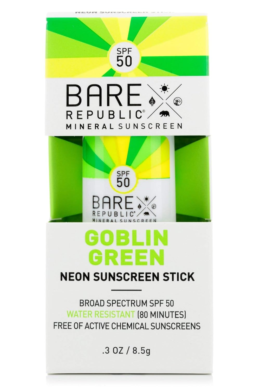 Bare Republic Mineral Neon SPF 50 Color Stick, Goblin Green/Natural Coconut, 8.5 Gram