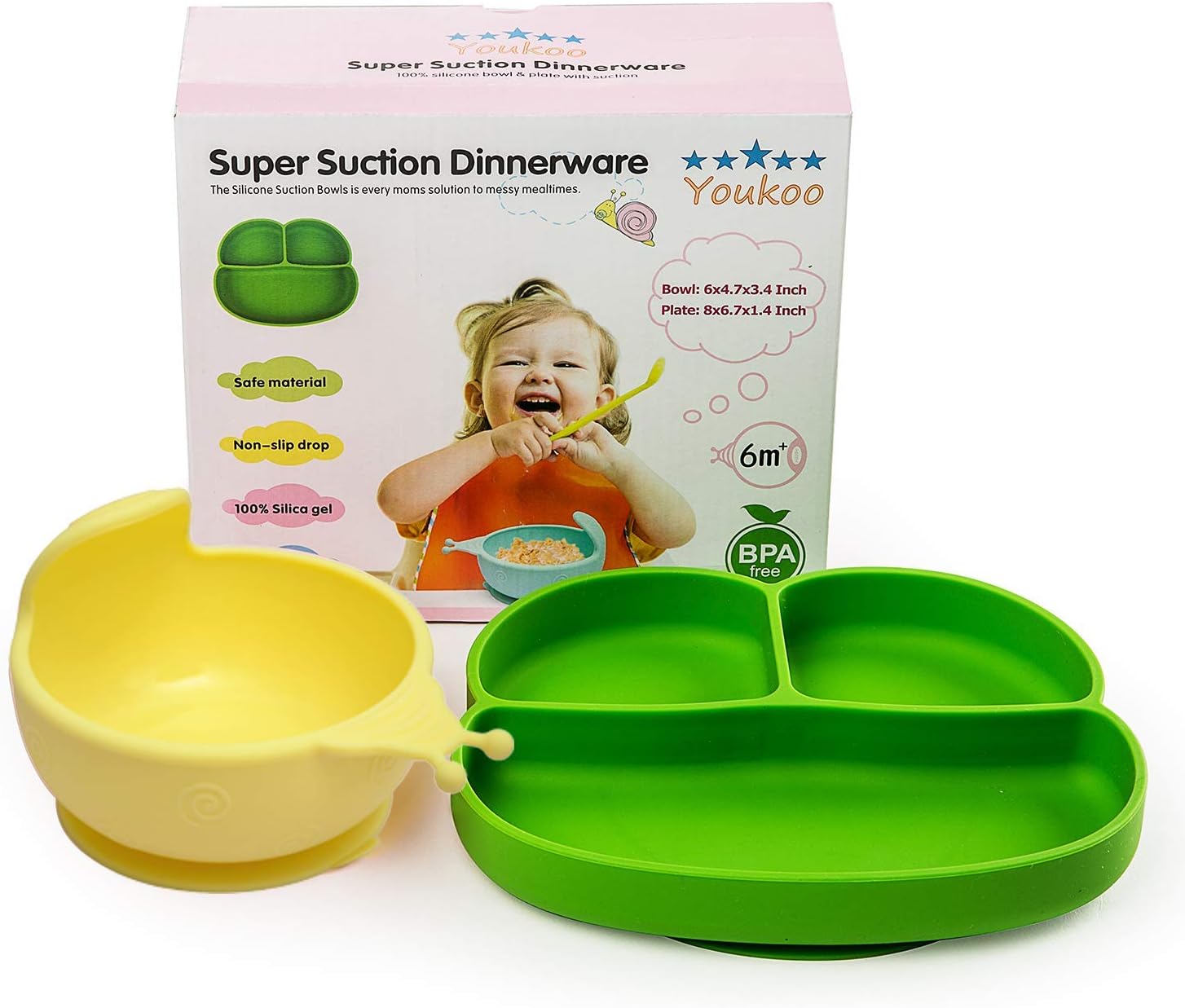 Silicone Feeding Set: Divided Plate and Bowl with Suction Cups for Babies, Toddlers and Kids