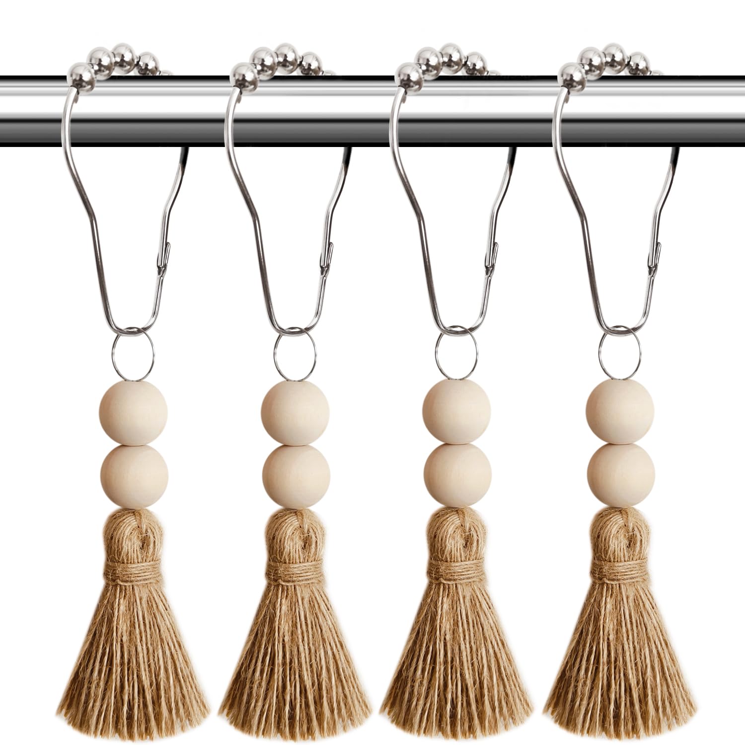 Photo 1 of Boho Shower Curtain Hooks Rings Rustproof, CHICTIE Nautical Decorative Shower Curtain Rings with Handmade Wood Beads Tassel, Farmhouse Home Bathroom Bedroom Baby Room Decor Set of 12 (Natural Jute)