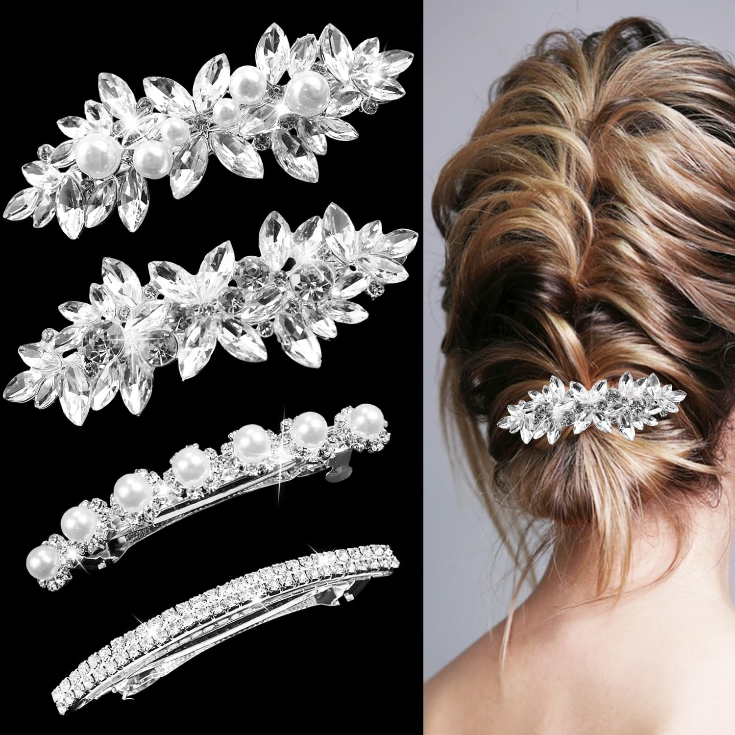 Photo 1 of 4 Pieces Rhinestone Bridal Hair Clip, Pearls Wedding Hair Pins Crystal Hair Clips, Rhinestone Jewelry Barrette Elegant Hair Accessories for Brides Bridesmaids Flower Girls…