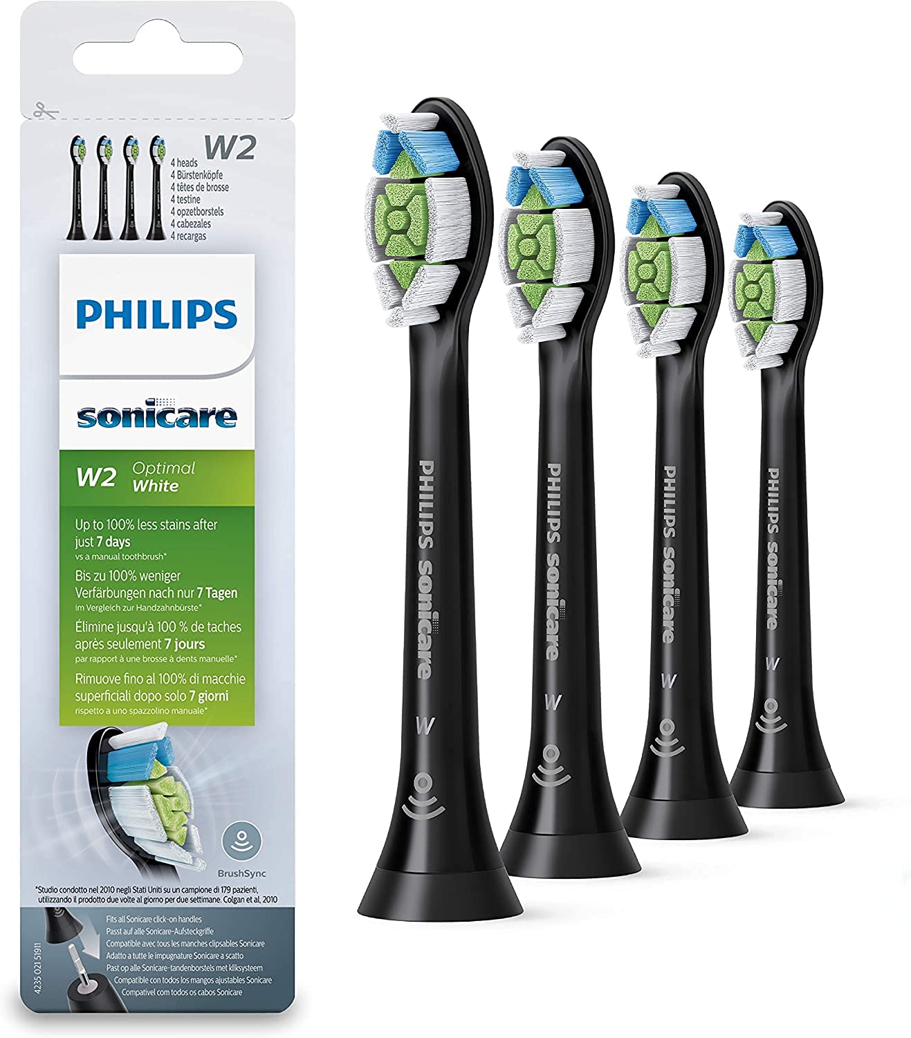 Philips Sonicare Optimal Whitening Black BrushSync Heads (Compatible with all Philips Sonicare Handles), 4 Pack