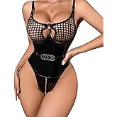 Myilewjt Faux Leather Lingerie Rave Bodysuit for Women Sexy Wet Look Clubwear Shiny Body Suit Fishnet Teddy with Zipper