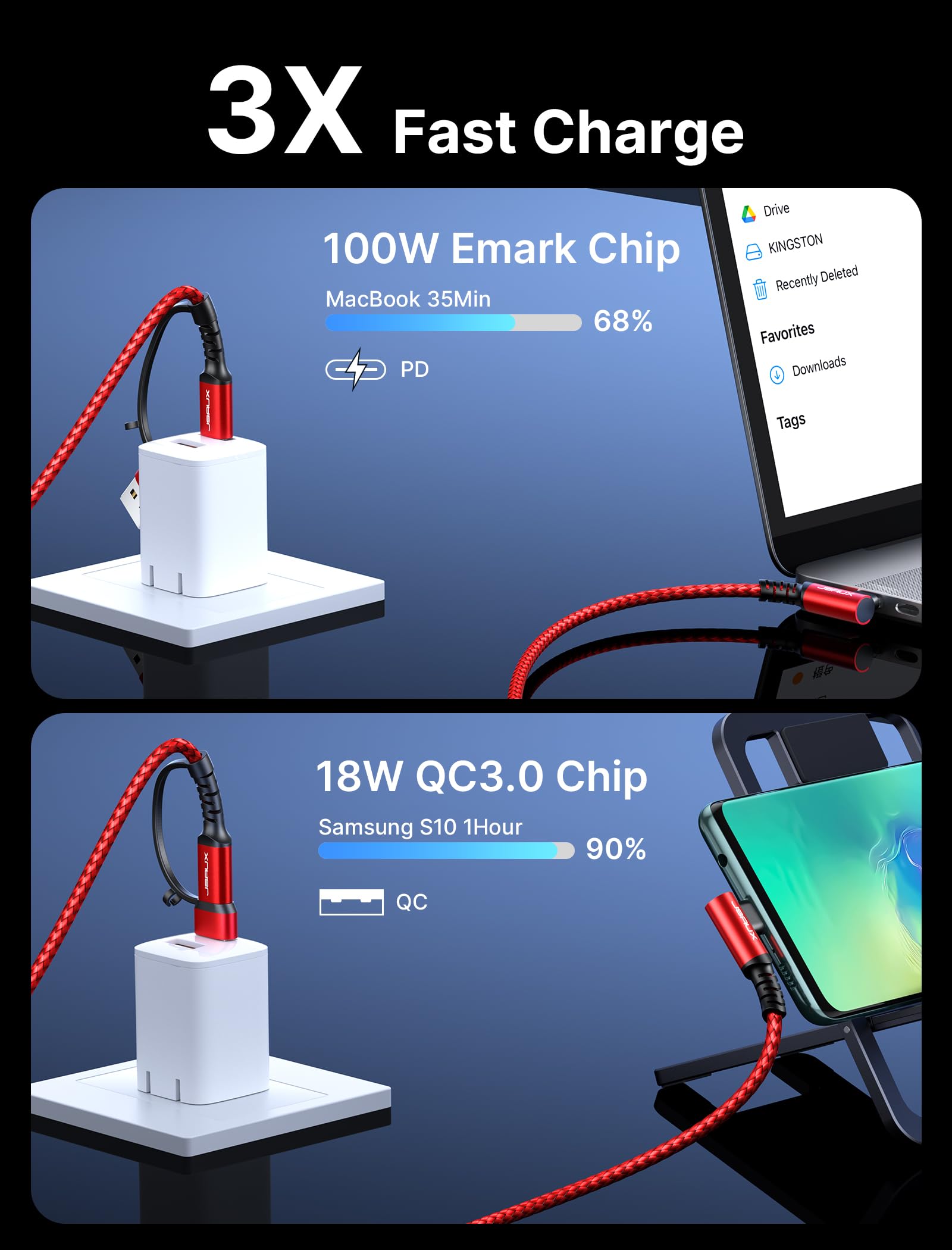 JSAUX 100W 2-in-1 USB C Charger Cable [2-Pack 10FT] 100W USB C to USB C Cable [2-Pack 6.6FT]