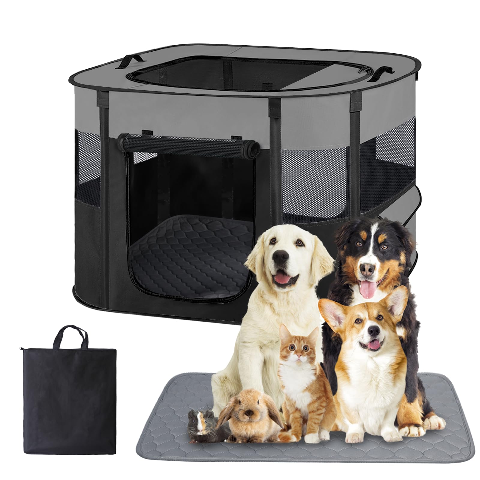 Photo 1 of Portable Dog Cat Playpen with Waterproof Pad,Collapsible Pet Puppy Kitten Crate,Foldable Small Animals Kennel Cage for Indoor Outdoor Travel Camping,Water-Resistant Breathable Shade Cover (Grey M)