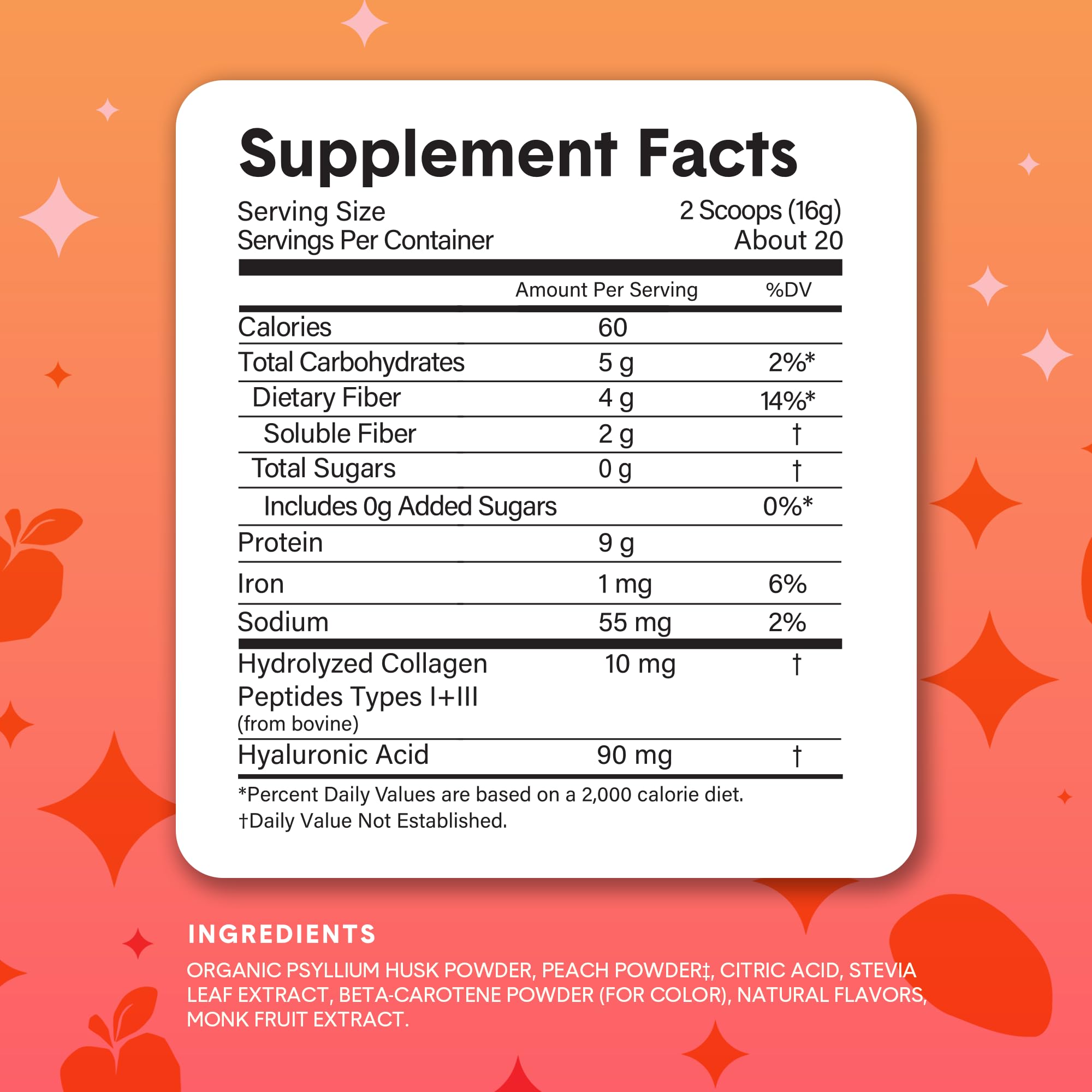 Bellway Super Fiber Powder + Collagen, Sugar-Free Psyllium Husk Powder with Collagen Peptides and Hyaluronic Acid for Digestive Health, Healthy Skin, Nails, Bones & Joints, Peach Mango (20 Servings)