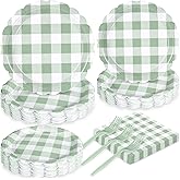 Sage Green Gingham Party Plates Set for 24 Guests, 96 Pcs Disposable Plaid Paper Dinner Plates, Napkins and Spoons, Rustic Green Checkered Tableware for Wedding, Baby & Bridal Shower, Picnic, Birthday
