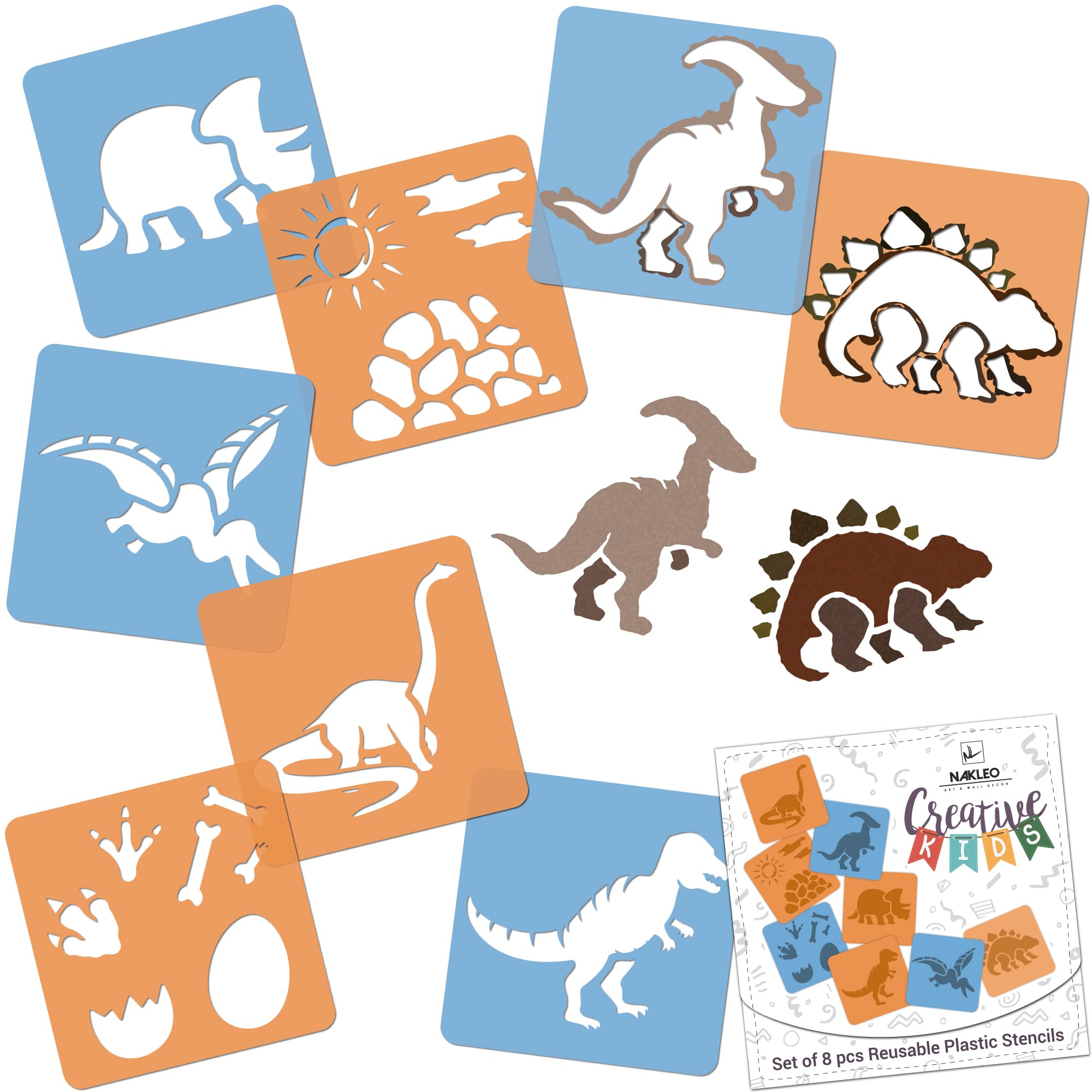 NAKLEO Painting Stencils for Kids, 8 Pcs Set 15x15cm Dinosaurs, Children Creative Drawing Templates Plastic and Reusable, DIY Decoration Arts and Crafts, Paper Wall Wood Fabric