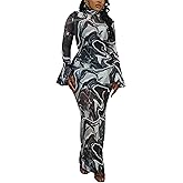 Women's Tie Dye Printed Mesh Bodycon Maxi Dress Sexy Mock Neck Bell Long Sleeve Long Dress Party Club Vacation Outfits