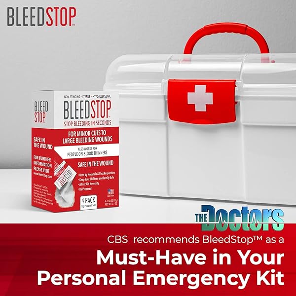 BLEEDSTOP™ FIRST AID POWDER FOR BLOOD CLOTTING, TRAUMA KIT, BLOOD THINNER PATIENTS, CAMPING SAFETY, AND SURVIVAL EQUIPMENT FOR MODERATE TO SEVERE BLEEDING WOUNDS OR NOSEBLEEDS – 4 (15G) POUCHES