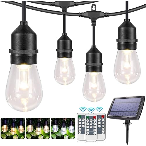 2 Pack Each 48FT 3-Color in 1 Solar Outdoor String Lights,Dimmable Solar Patio Lights with Remote,30+5 Waterproof Shatterproof Edison Bulbs,Outdoor/Indoor LED Solar String Lights for Café Bistro Patio