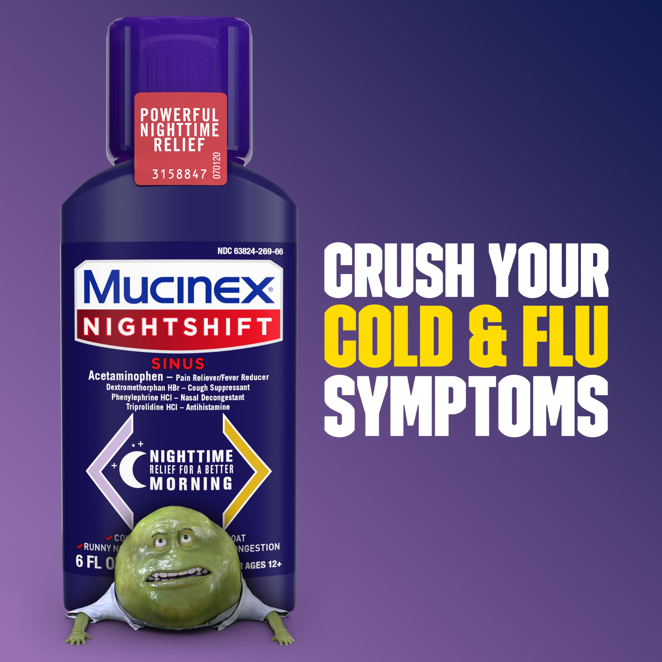 MUCINEX Nightshift Sinus 6 fl. oz. Relieves Fever, Sore Throat, Runny Nose, Sneezing, Nasal Congestion, and Controls Cough