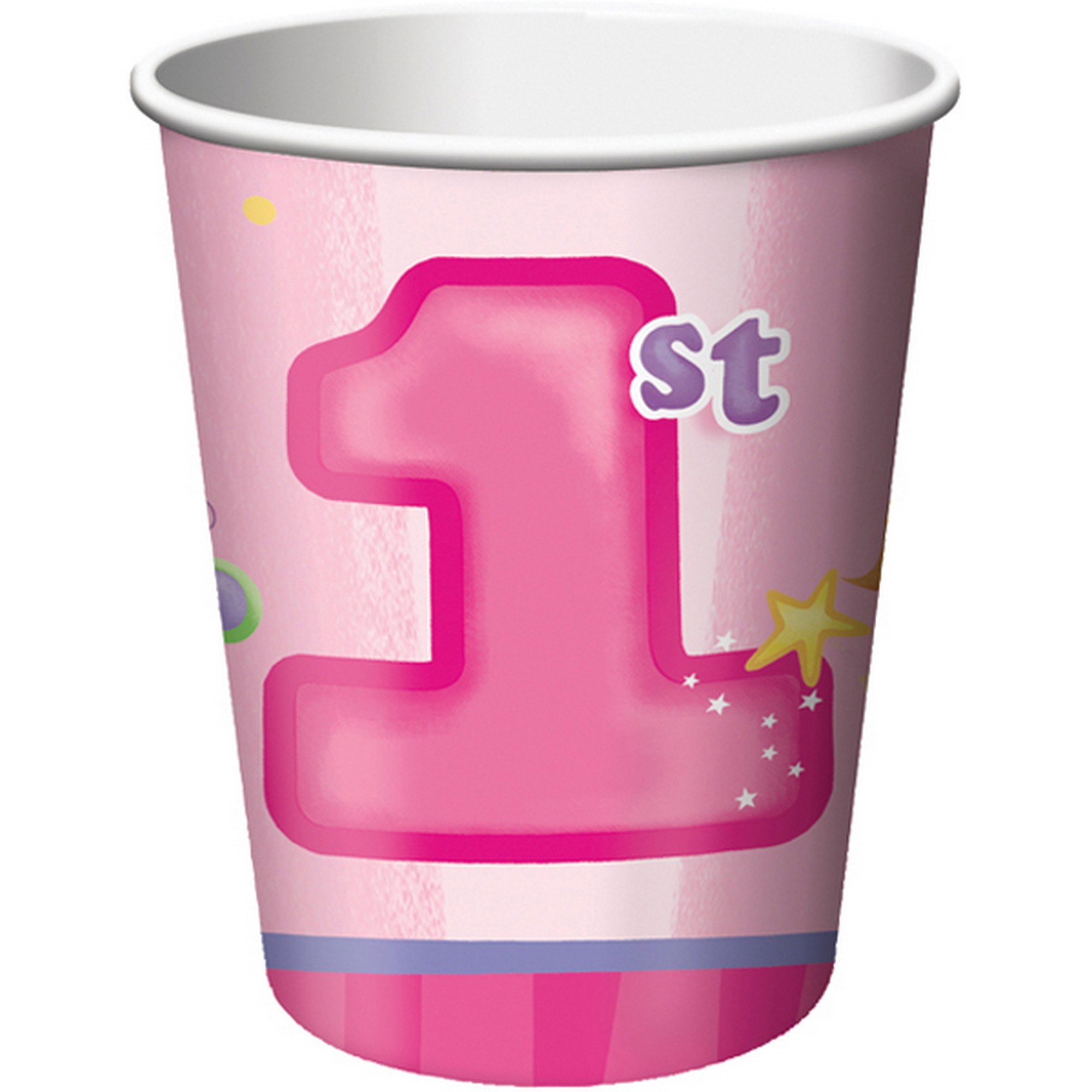 PACK OF 8 "FUN AT ONE" 1ST BIRTHDAY PINK GIRL CUPS