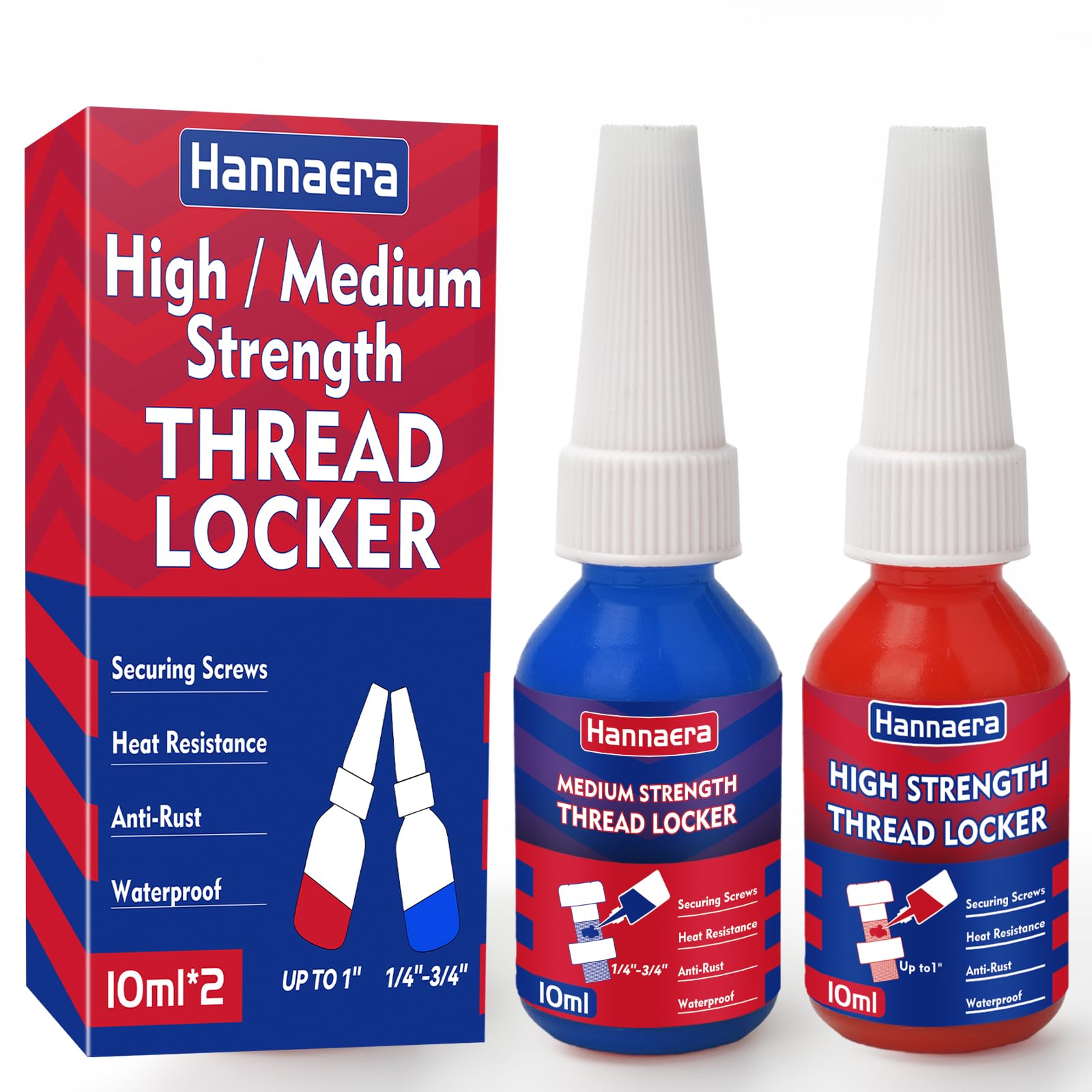 Thread Lock Blue and Red, Threadlocker Medium and High Strength Threadlock, Lock & Seal Nuts, Bolts, Fasteners and Metals, Against Losening and Leakage (10 ml/2 Pack) (lock)